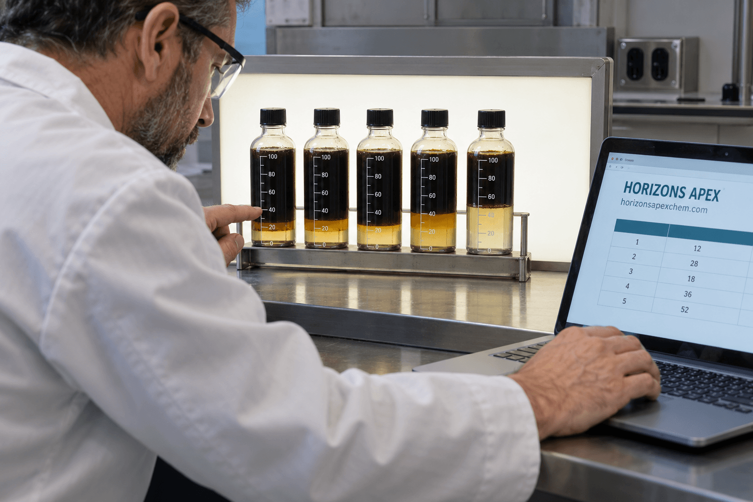 Five graduated demulsifier bottle-test samples showing crude oil and separated water