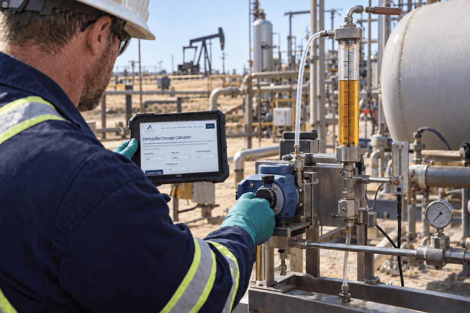 Field technician verifying chemical injection rate for an oil, water or gas treatment programme