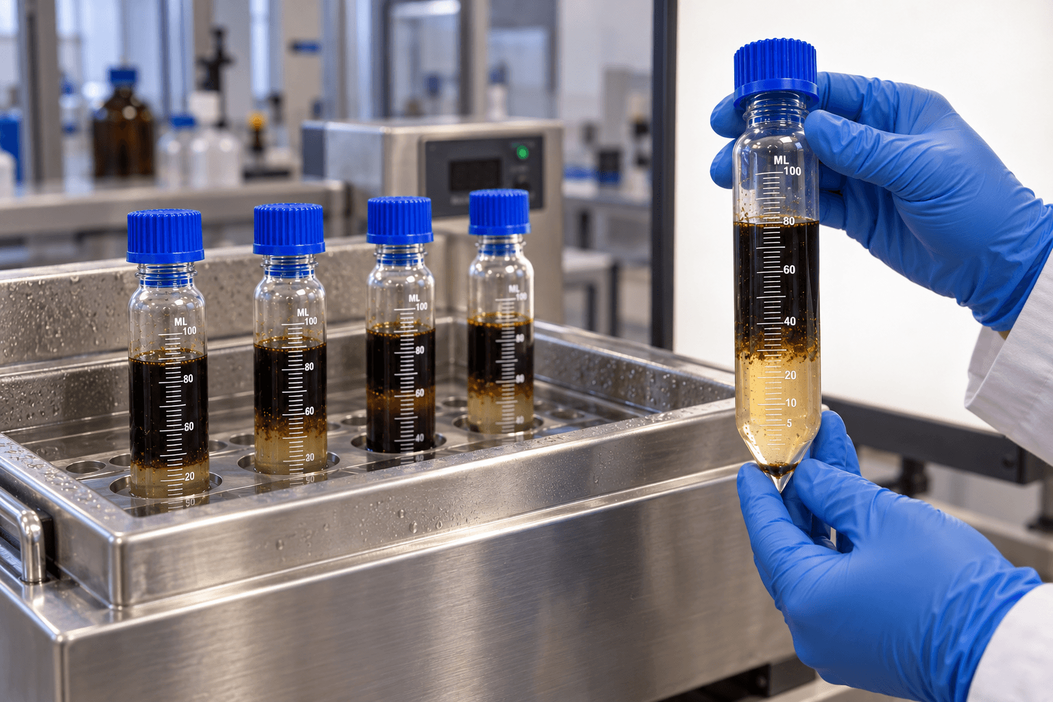 Technician inspecting crude oil and water separation during a demulsifier bottle test in a thermostatic water bath