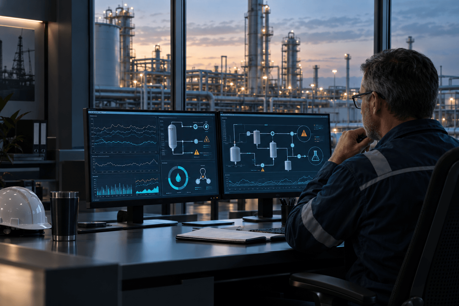 Oilfield chemical engineer reviewing process diagnostics and chemical treatment performance