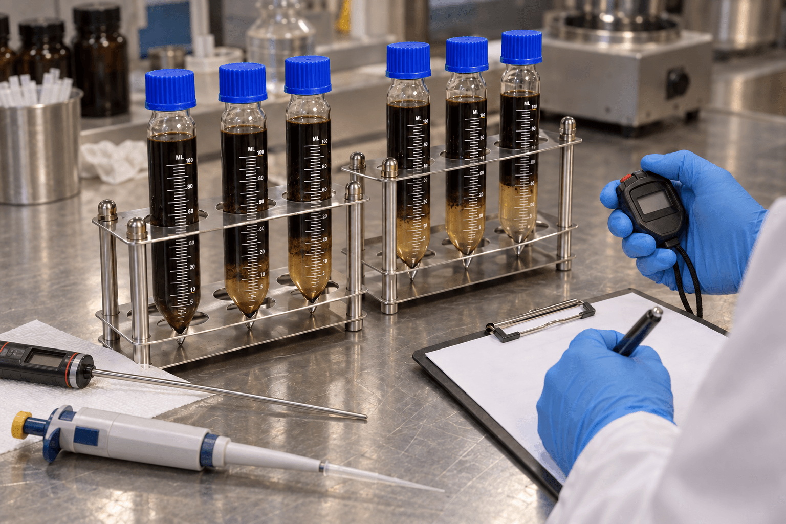 Technician documenting demulsifier bottle-test timing, temperature and phase-separation results