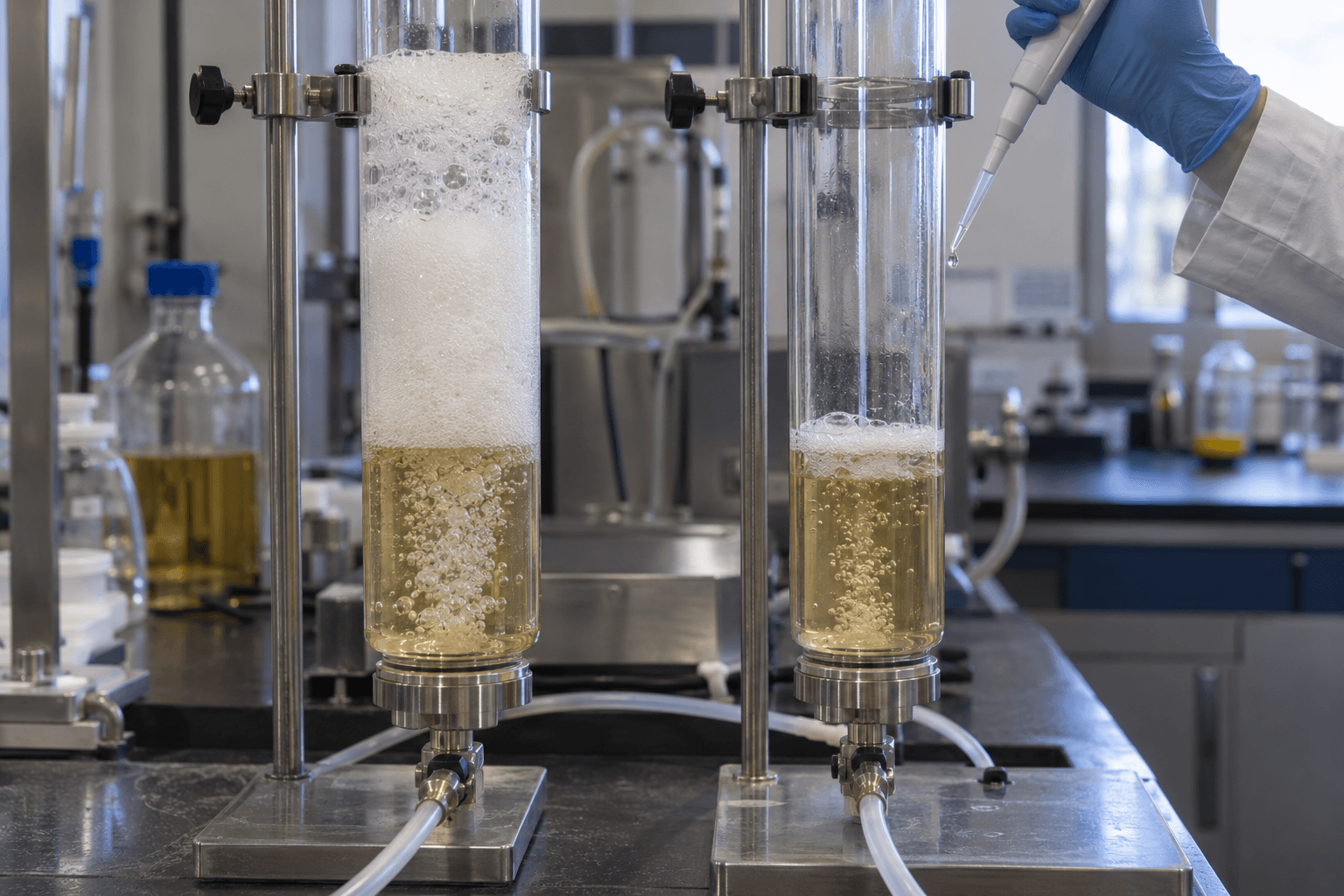 Laboratory comparison of untreated and antifoam-controlled process fluid