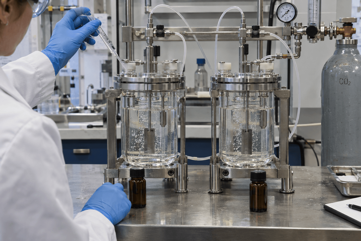 Side-by-side CO2 brine corrosion cells comparing two oilfield inhibitor chemistries